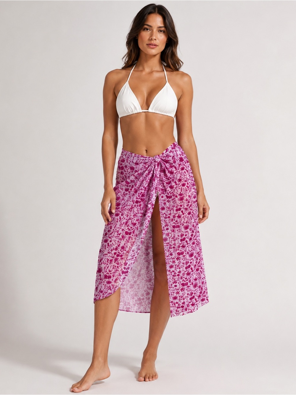 Kendall & Kylie White Triangle Bikini Top with Pink Floral Sarong